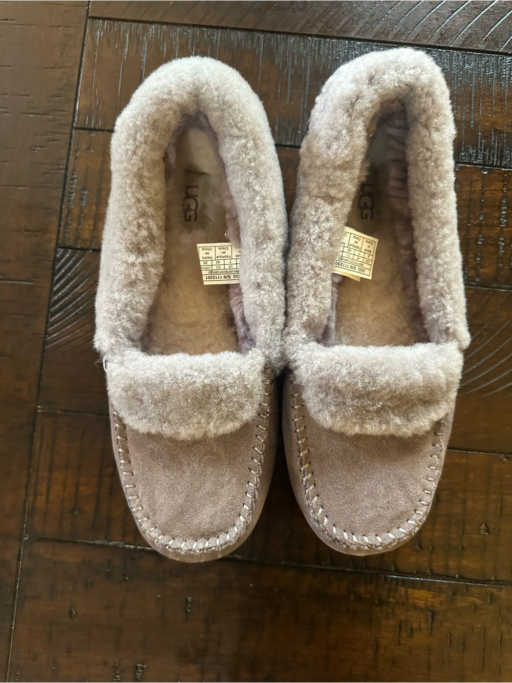 UGG Women’s Taupe Suede Moccasin Slippers with Shearling Trim